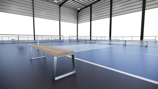 close up wooden bench at Indoor pickleball tennis court with blue and grey color png