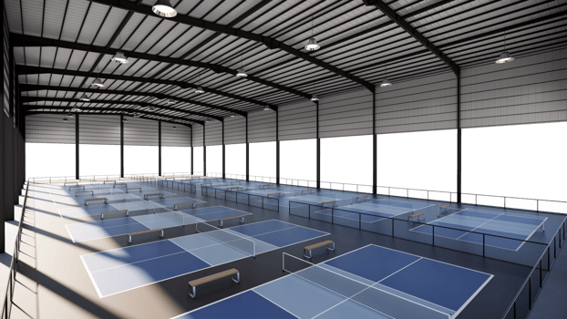 wide angle pickleball tennis courts inside metal structure building png