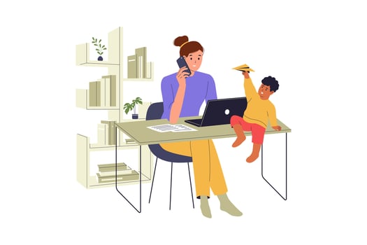 Woman working from home with child vector