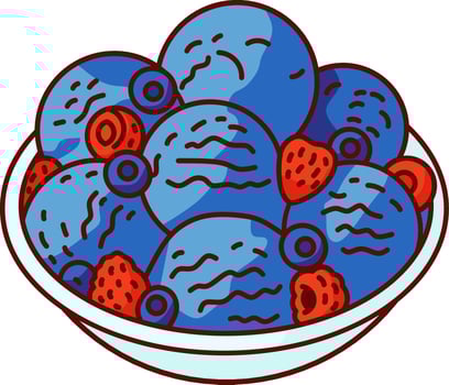 Blueberry Ice Cream Scoops with Strawberries in Bowl vector