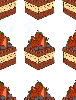 Seamless Pattern of Chocolate Layer Cake with Strawberries and Blueberries vector