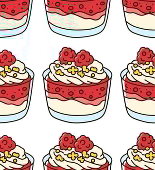 Seamless Pattern of Raspberry Cream Dessert Cups with Raspberry Toppings vector