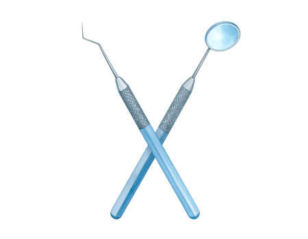 Crossed stainless steel dental mirror and explorer tools with blue handles for oral examination on isolated background png