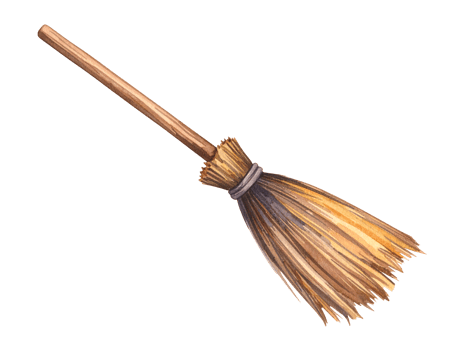 Cartoon-style classic witch broomstick with wooden handle and straw bristles on isolated background png