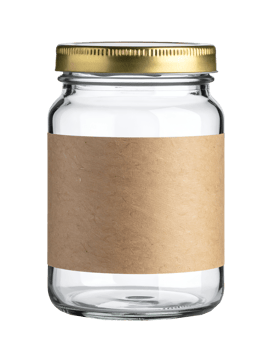 Clear cylindrical glass jar with gold metal lid and blank kraft paper label for food packaging on isolated background png