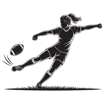 Silhouette of a woman kicking a rugby ball on grass female vector