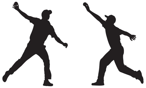 Two black silhouettes of men throwing baseballs on white background pitcher sport vector