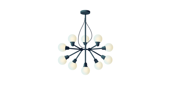 Modern Multi-Arm Chandelier With Globe Bulbs. Contemporary Lighting Fixture For Interior Design Isolated On Transparent Background png