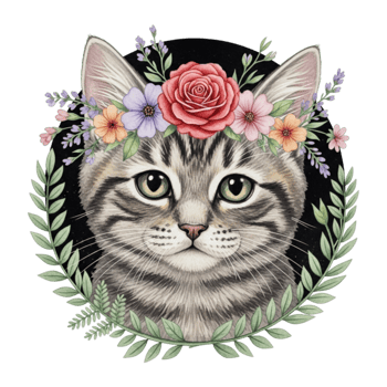 Adorable tabby kitten wearing a beautiful floral crown with lush greenery isolated on transparent background png