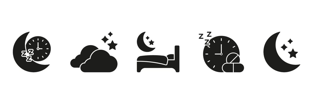Sleep And Nighttime Routine Solid Icon Set. Sleep Cycle, Restful Sleep, And Bedtime Silhouette Symbol Collection. Moon, Stars, And Clock Imagery. Isolated Illustration vector