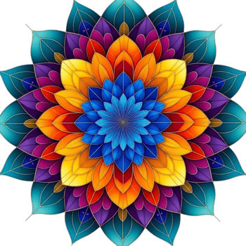 Vibrant psychedelic mandala flower with intricate petals and rainbow color gradient isolated on transparent background png