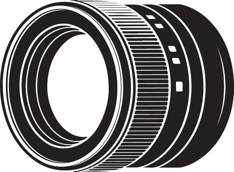 Detailed illustration of a camera lens with textured rings and aperture markings vector