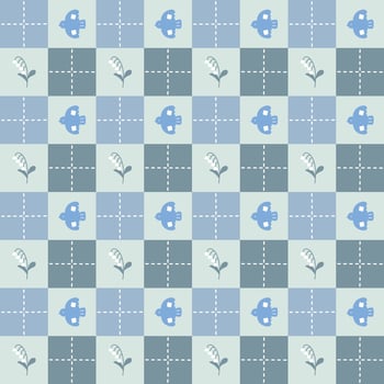 seamless minimal flower lily of valley and bird repeat pattern in blue plaid checkered background vector