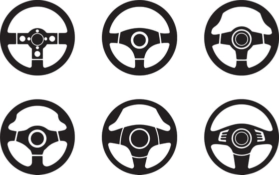 Six black and white steering wheel icons in a grid automobile driving vector