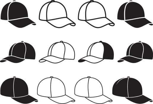 Twelve baseball caps in black silhouette and outline styles headwear sports hat vector