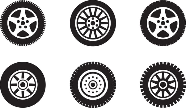 Six black car wheel icons with different rim designs on white tire vehicle vector