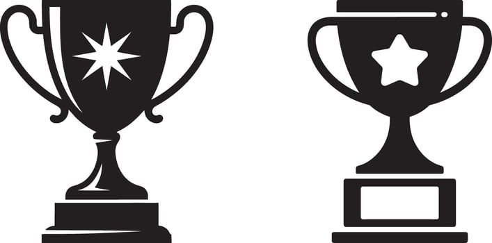 Two black trophy icons with star and sunburst designs award winner vector
