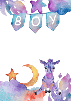Watercolor baby boy nursery illustration. Hand-painted cute jungle zebra png