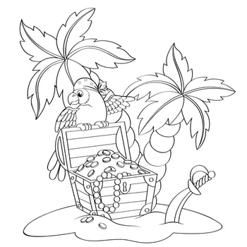 Parrot on pirate's treasure chest. Deserted beach with palm trees. Black and white illustration for coloring book vector