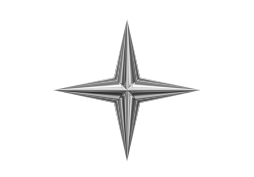 A detailed silver four pointed starburst or compass rose symbol isolated on transparent background png
