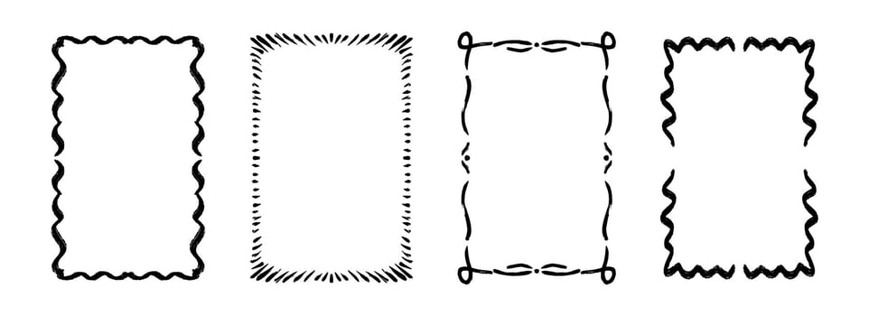 Hand drawn wavy frame set. Black curly ribbon border collection. Doodled lace cadre frames. Curved squiggly rectangle border pack for invitation, wedding party, birthday, greeting design vector