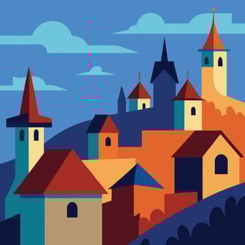 an illustration of a village with a church on top vector
