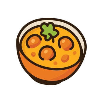 A cartoon icon of a bowl of curry with chicken and vegetables, representing a popular South Asian or international street food. vector
