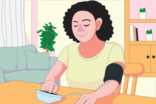 An elderly woman checking her blood pressure at home using a digital device in a cozy room vector