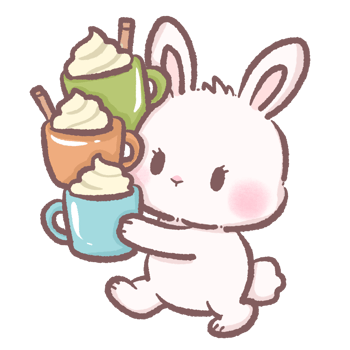 Cute bunny struggling to hold three cups of latte funny cozy cafe scene perfect for children books coffee themes dessert illustrations cute animal character and cozy lifestyle designs png