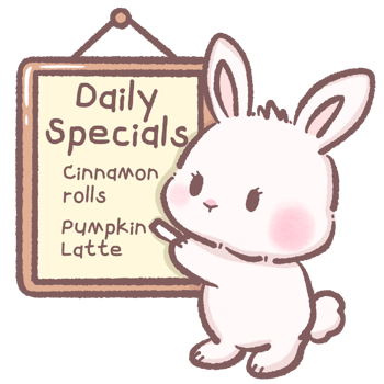 Cute cartoon bunny pointing at cafe daily specials sign cinnamon rolls and pumpkin latte kawaii white rabbit character cozy autumn bakery illustration perfect for fall cafe menu and dessert theme png