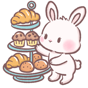 Cute bunny arranging three tier stand with bakery treats croissants and muffins cozy patisserie scene perfect for cafe themes children books brunch decor dessert illustrations and food designs png