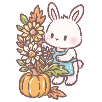 Cute bunny decorating fall autumn bouquet with flowers and pumpkins cozy seasonal illustration for harvest theme children books greeting cards thanksgiving rustic home decor and craft projects png