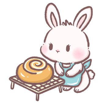 Cute bunny looking at a cinnamon roll on a tray cozy bakery scene perfect for dessert themes children books breakfast illustrations cafe decor sweet pastry art and warm food design ideas png