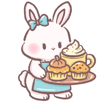 Cute bunny serving a tray with latte and muffins cozy cafe scene perfect for breakfast themes children books brunch illustrations dessert designs warm drink art and bakery food concepts png