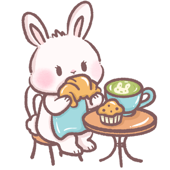 Cute bunny sitting at cafe table eating croissant with matcha latte and muffin cozy breakfast scene perfect for cafe themes children books brunch illustrations dessert and food art designs png