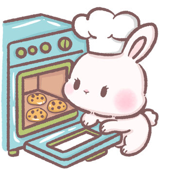 Cute bunny chef looking into oven checking chocolate chip cookies cozy baking scene perfect for kitchen art children books holiday illustrations cooking themes and sweet dessert designs png