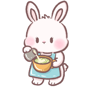 Cute cartoon bunny making foam on matcha latte kawaii white rabbit barista character preparing green tea drink cozy cafe illustration perfect for tea shop beverage art and latte foam making scene png