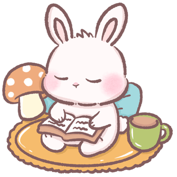 Cute bunny reading in a cozy corner with mushroom plushie and books warm cottagecore scene perfect for children books autumn illustrations cozy room decor storytelling and reading themes png