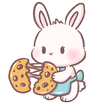 Cute cartoon bunny holding and pulling apart a chocolate chip cookie kawaii white rabbit character dessert snack illustration perfect for bakery sweets food clipart and cozy treat themed design png