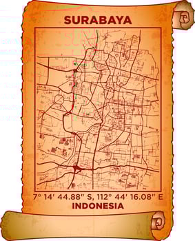 map art Surabaya, Indonesia with coordinates. map poster old parchment paper scroll sheet vintage aged and texture, Historical vintage scrolls treasure map concept. poster design map ancient vector