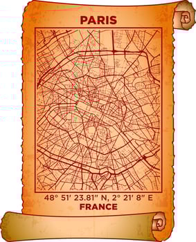 map art Paris, France with coordinates. map poster old parchment paper scroll sheet vintage aged and texture, Historical vintage scrolls treasure map concept. poster design map ancient vector