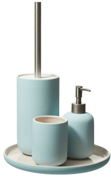 Set of cleaning brushes and storage bottles in the bathroom cut out isolated transparent background png