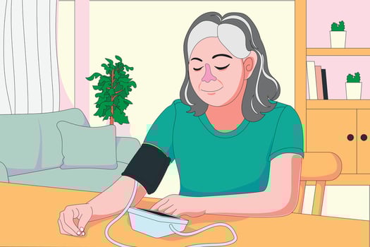 An old woman is checking her blood pressure using a digital device in her home vector
