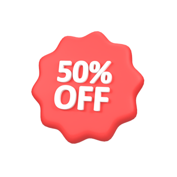 Red 50 percent off starburst discount label 3d render icon illustration png