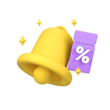Bell reminder notification with voucher sale discount and sparkle isolated 3d render icon illustration png
