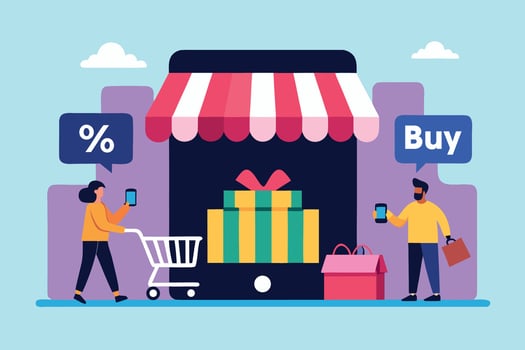 People shop online with a mobile store, cart, and gifts in a illustration vector