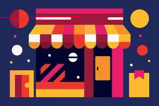 A colorful store facade with awning, boxes, and a modern design vector