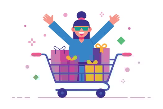 A cheerful woman with sunglasses is pushing a shopping cart full of gifts, isolated on white background vector