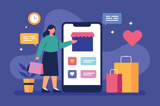 A woman shops online using her mobile phone, surrounded by shopping bags and a heart vector