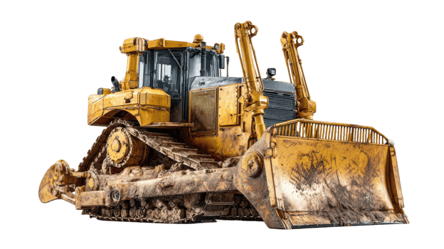 Heavy yellow bulldozer construction vehicle with tracks and blade for earthmoving and excavation work png